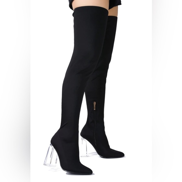 Black High Knee Clear Heeled Boot - Picture 5 of 6